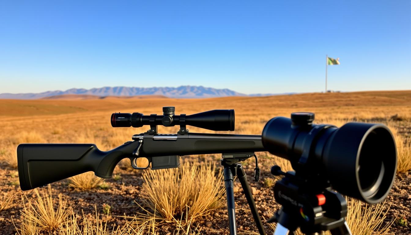 A serene outdoor landscape featuring a distant mountain range, with a clear blue sky and rolling hills; in the foreground, a high-precision rifle resting on a bipod, with a spotting scope focused on a distant target at 1000 yards; subtle details of wind indicators like flags or grass moving in the breeze, emphasizing the precision and focus required in long-range shooting.